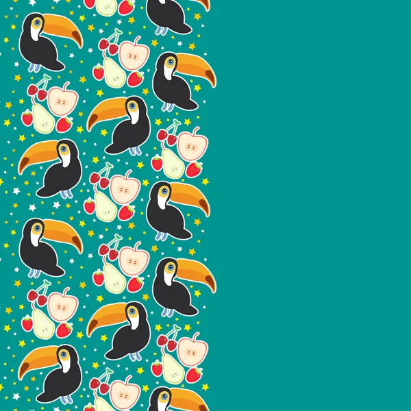 Toucan Bird Cereza Fresa Pera Manzana Diseño Del Banner Tarjeta — Archivo Imágenes Vectoriales