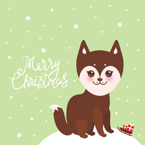 Frohe Weihnachten Neujahrskarte Design Lustig Braun Husky Hund Kawaii Gesicht — Stockvektor