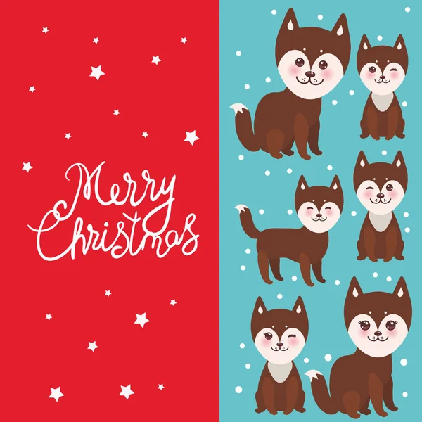 Merry Christmas New Year Card Design Funny Brown Husky Dog — Stock Vector