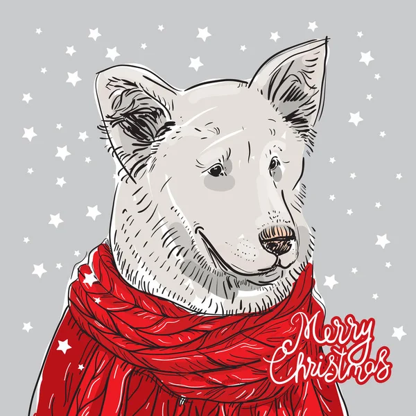 Wesoły Boże Narodzenie Nowy Rok Karty Projekt Biały Pies Czerwony — Wektor stockowy