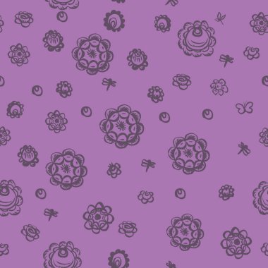 Dikişsiz desen halk çiçek süsleme Vintage zarif düğün davetiyesi yaz etnik çiçek kaba fırça darbeleri mor menekşe gri arka plan. Vektör çizim