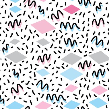 Geometrik öğeleri Memphis Postmodern Retro tarzı 80-90'lı yılların moda. doku asimetrik şekiller Rhombus üçgen Dikişsiz desen gri siyah mavi pembe renkli sitesi kumaşlar için. Vektör çizim