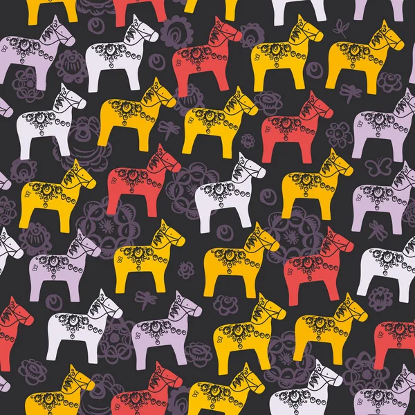 Seamless pattern Red orange lilac Dalecarlian Dala horse traditional painted wooden horse statuette originating in Swedish province Dalarna. flowers on black background. Vector illustration