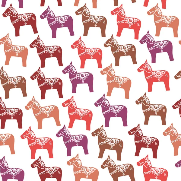 Seamless Pattern Red Pink Orange Brown Lilac Dalecarlian Dala Horse — Stock Vector