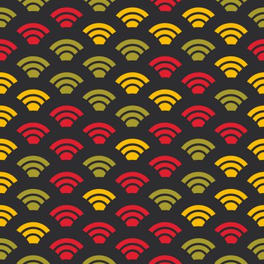 Seigaiha veya seigainami gerçekten denizin mavi dalga anlamına gelir. Dikişsiz desen soyut ölçekler basit bahar doğa arka plan ile Japon daire bir siyah sarı kırmızı model yeşil. Vektör çizim