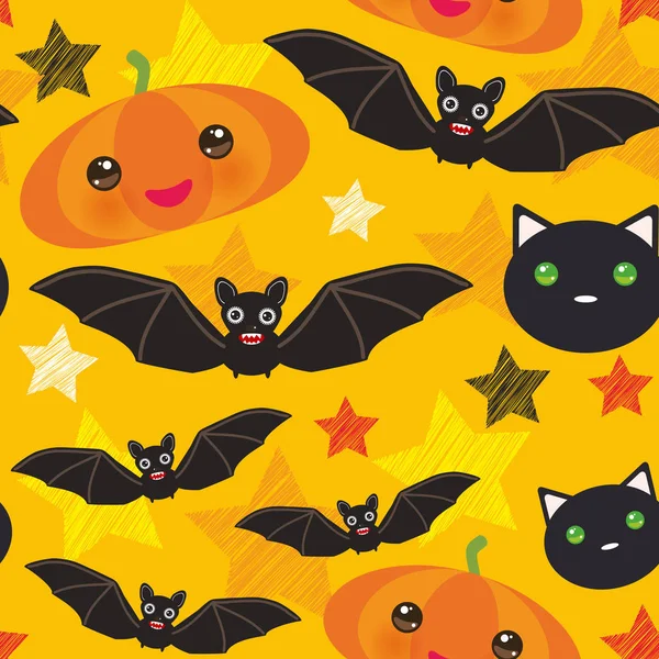 Halloween Seamless Pattern Pumpkin Stars Bats Black Cat Yellow Orange — Stock Vector
