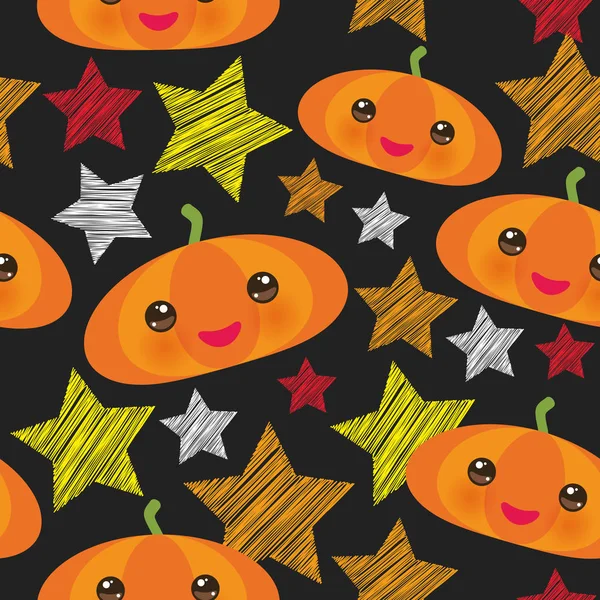 Halloween seamless pattern With kawaii Pumpkin, stars, night sky, Black yellow orange red background. Vector illustration