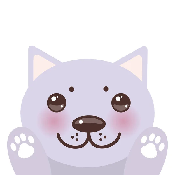 Kawaii Divertido Hocico Gato Lila Con Mejillas Rosadas Grandes Ojos — Vector de stock