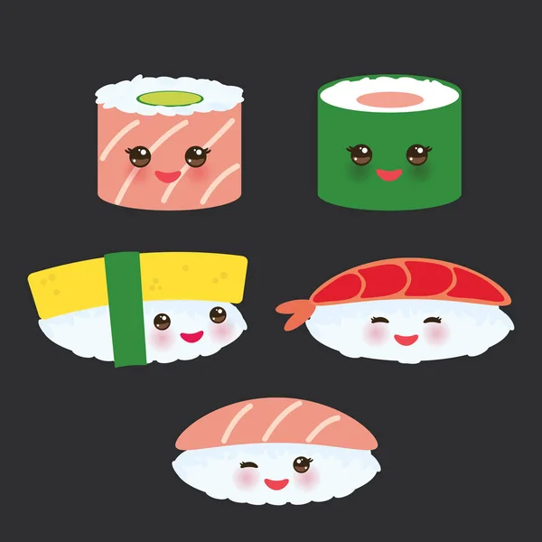 Kawaii Funny Sushi Set Pink Cheeks Big Eyes Emoji Black — Stock Vector