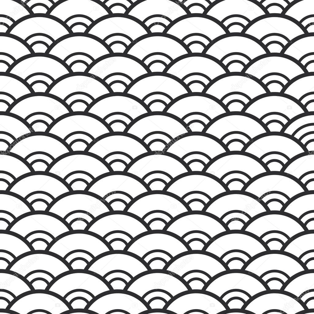 Seigaiha literally means wave of the sea. seamless pattern abstract scales simple Nature background japanese circle Black white colors. Vector illustration