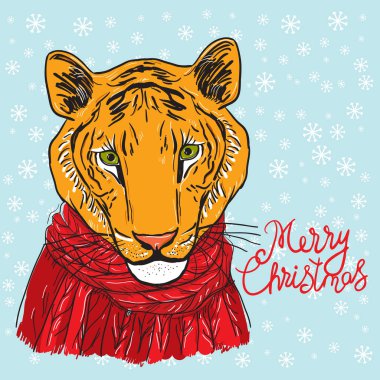 Neşeli Noel yılbaşı kartları tasarımı kaplan kafasında kırmızı örgü kazak ve bir eşarp. Kroki çizim. Siyah kontur mavi bir arka plan üzerinde. Vektör çizim