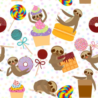 seamless pattern funny and cute smiling Three-toed sloth collection with pink cake pops, donut, lollipop, coffee, waffle, macaroon, sprinkles on white background. Vector illustration clipart
