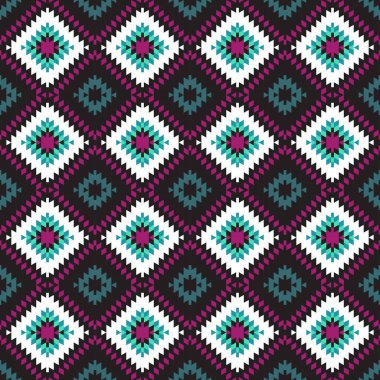 Seamless modeli Türk halı mavi beyaz kırmızı siyah. Renkli patchwork mozaik oryantal kilim halı ile geleneksel halk geometrik süs. Kabile stili. Vektör çizim