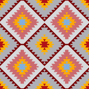 Türk halı mavi gri pembe turuncu seamless modeli. Patchwork mozaik oryantal kilim halı ile geleneksel halk geometrik süs. Kabile stili. Vektör çizim