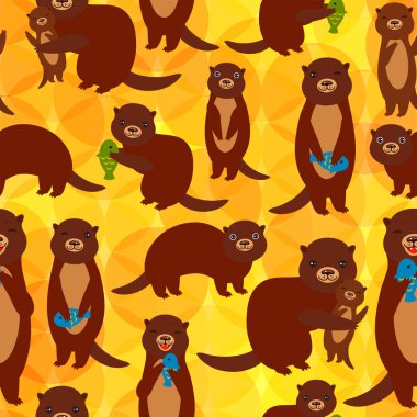 Seamless pattern Funny brown otters with fish on yellow orange background. Kawaii animals. Vector illustration clipart