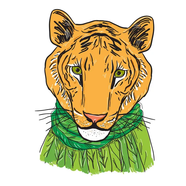 ニットのセーターと緑のスカーフで虎の頭 図面をスケッチします 白い背景の上の輪郭を黒 ベクトル図 — ストックベクタ