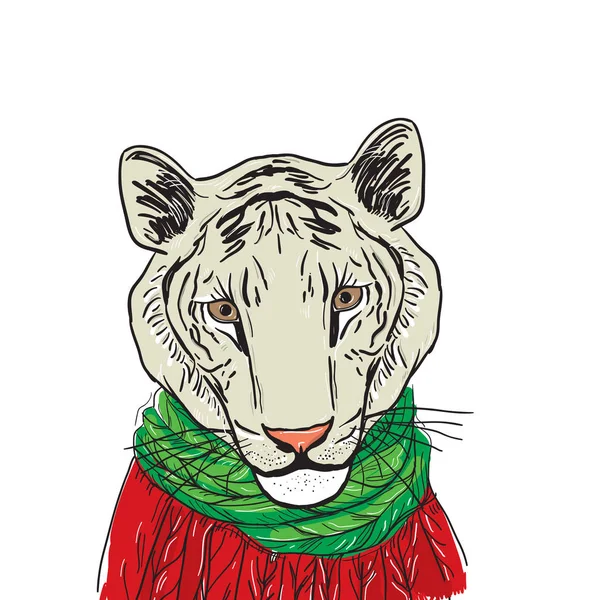 赤いニットのセーターと緑のスカーフで白虎の頭 図面をスケッチします 白い背景の上の輪郭を黒 ベクトル図 — ストックベクタ