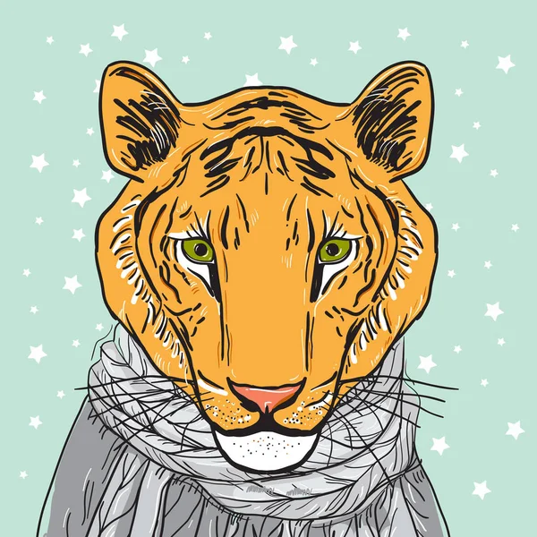 メリー クリスマス新年のカード デザイン グレーで虎の頭はニットのセーターとスカーフ 図面をスケッチします 緑の背景に輪郭を黒 ベクトル図 — ストックベクタ