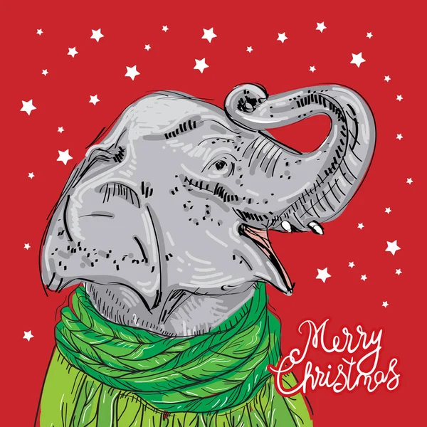 Buon Natale Disegno Della Carta Capodanno Testa Elefante Con Tronco — Vettoriale Stock