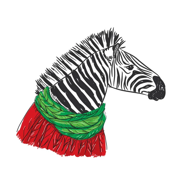 Zebra Porträt Weihnachtlich Roter Strickpullover Und Grüner Schal Skizzenzeichnung Schwarze — Stockvektor