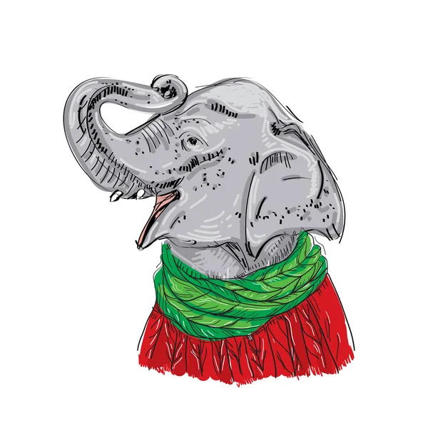 Elephant Head Raised Trunk Christmas Red Knitted Sweater Green Scarf — Stock Vector