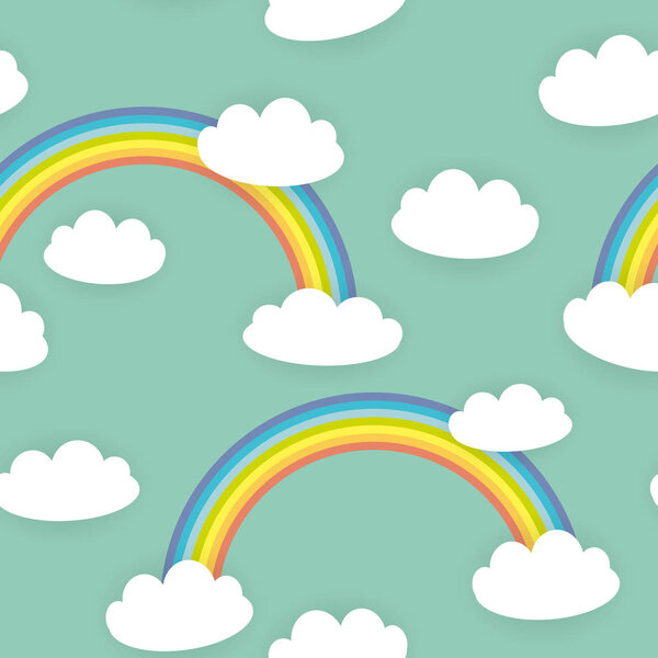 Kawaii white clouds, rainbow. Seamless pattern on blue mint background. Can be used for fabrics, wallpapers, websites. Vector illustration