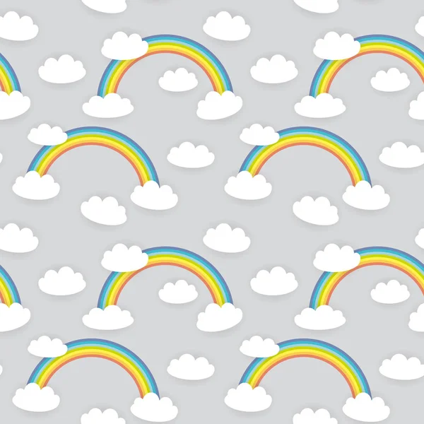 Kawaii Białe Chmury Rainbow Wzór Szarym Tle Może Służyć Tkaniny — Wektor stockowy