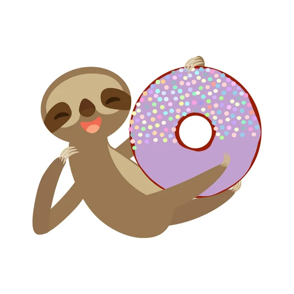 Divertido Lindo Sonriente Perezoso Tres Dedos Con Rosquilla Con Glaseado — Vector de stock