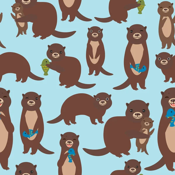 Seamless Pattern Funny Brown Otters Fish Blue Background Kawaii Animals — Stock Vector