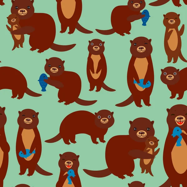 Seamless Pattern Funny Brown Otters Fish Green Background Kawaii Animals — Stock Vector