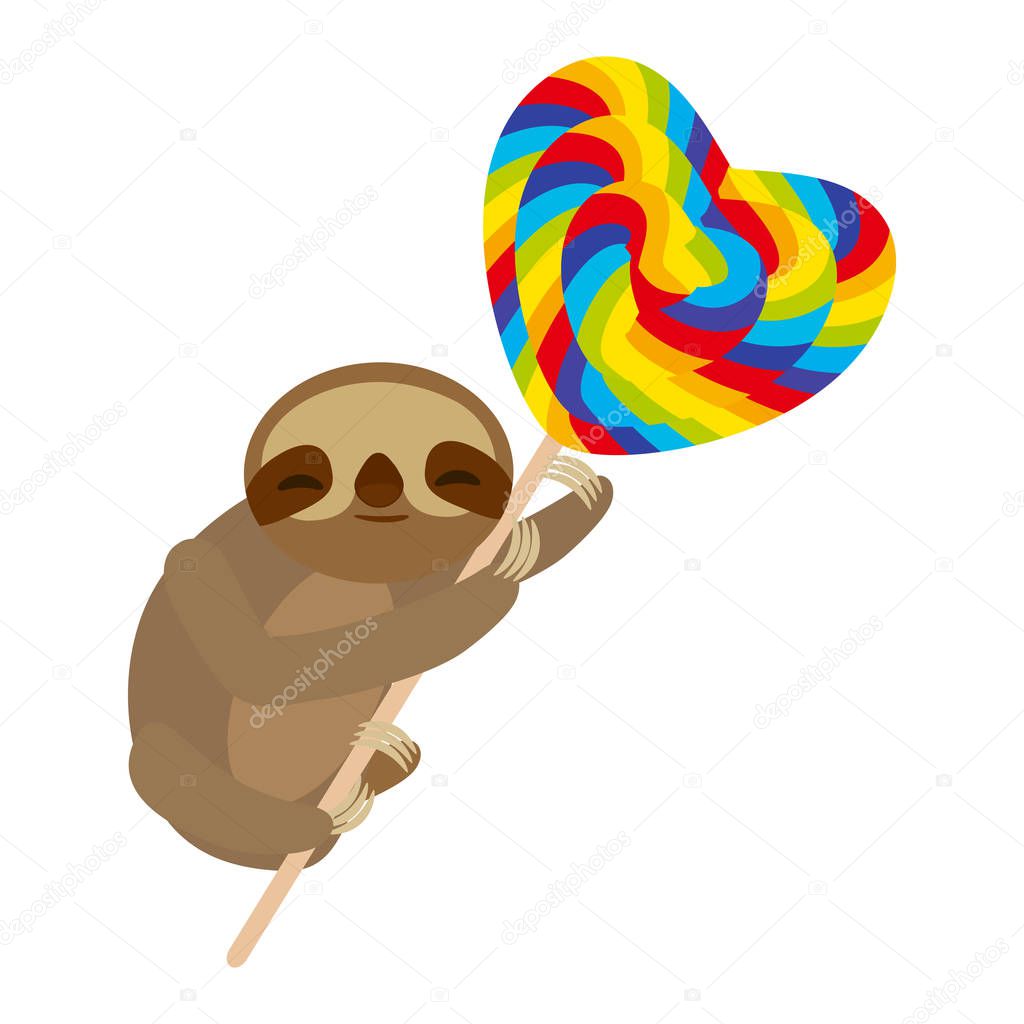 funny and cute smiling Three-toed sloth with bright lollipop on white background. Vector illustration