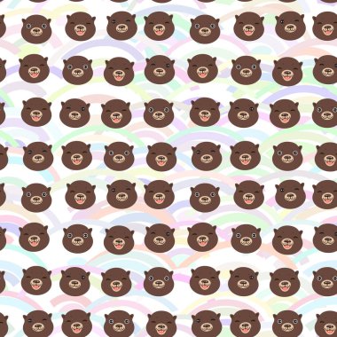 Pembe gökyüzü mavi turuncu dalgalar üzerinde komik kahverengi su samuru. Seamless modeli, beyaz arka plan. Kawaii. Vektör çizim