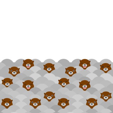 Gri dalgalar üzerinde komik kahverengi su samuru. Kart afiş, beyaz desen arka plan. Kawaii. Vektör çizim