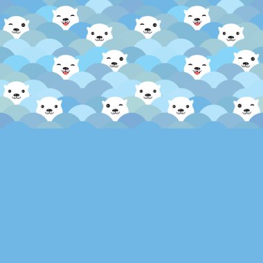 Mavi su, deniz dalgaları desen, arka plan komik beyaz kutup ayısı. Kawaii yüzler. Afiş, posterlerini açmaları, posterler, el ilanları için uygulanabilir. Vektör çizim