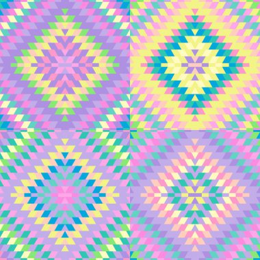 Seamless modeli Türk halı pembe mavi lila mor pembe bej. Patchwork mozaik oryantal kilim halı ile geleneksel halk geometrik süs. Kabile stili. Vektör çizim