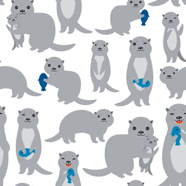 Seamless Pattern Kawaii Grey Otters Family Children Fish White Background — Stock Vector