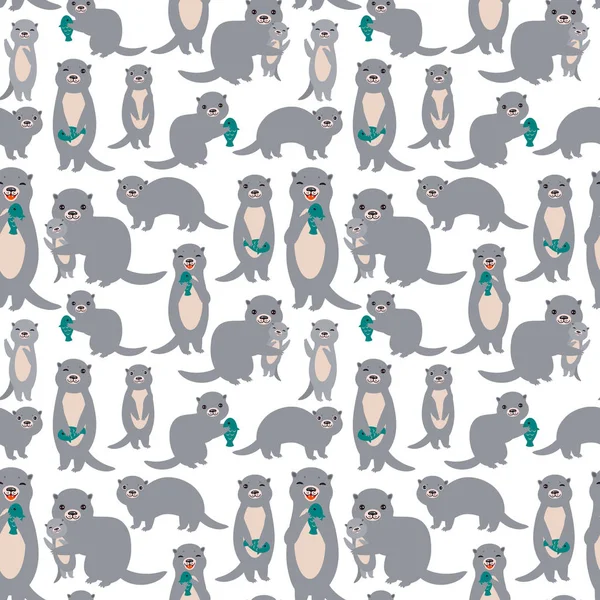 Seamless Pattern Kawaii Grey Otters Family Children Fish White Background — Stock Vector