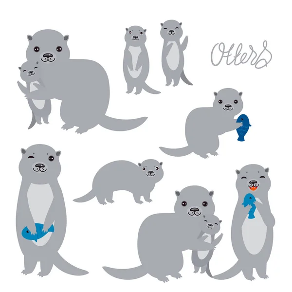 Kawaii Grey Otters Family Children Fish White Background Applicable Banners — Stock Vector