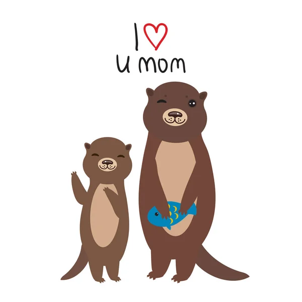 Love You Mom Funny Brown Kids Otters Fish White Background — 스톡 벡터