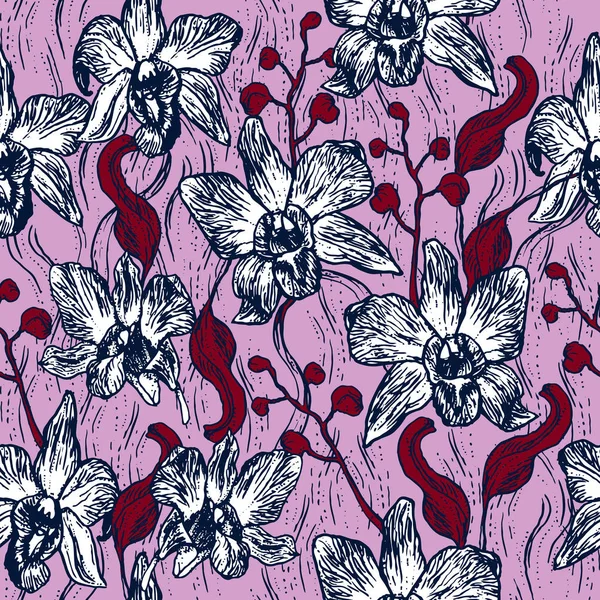 Hermosa Orquídea Dibujo Contorno Dibujado Mano Borgoña Rosa Púrpura Marino — Vector de stock