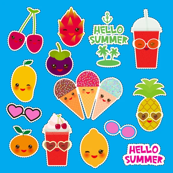 Olá Summer Design Banner Cartão Tropical Brilhante Adesivos Emblemas Patches —  Vetores de Stock