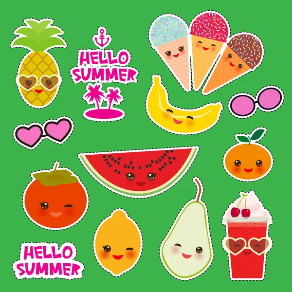 Hola Verano Brillante Diseño Pancartas Tropicales Parches Moda Insignias Pegatinas — Vector de stock