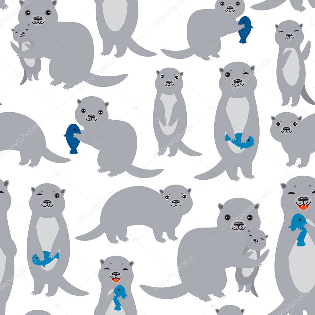 Seamless pattern Kawaii grey otters family with children with fish on white background. Vector illustration