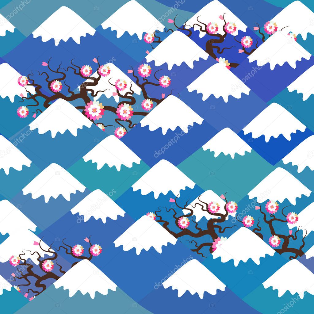 Seamless pattern Mount Fuji, Spring Nature background with Japanese cherry blossoms, sakura pink flowers landscape. blue mountain with snow-capped peaks. Vector illustration