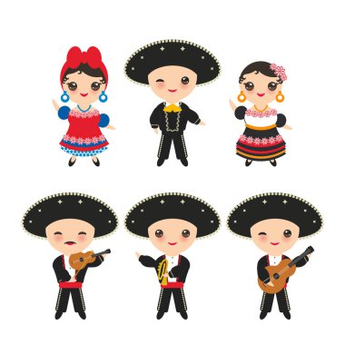Kübalılar erkek ve kız Ulusal kostüm ve şapka. Geleneksel Küba'da çizgi film çocuk elbise, Mariachi grubu müzik aletleri gitar, keman, Viyola Trompet. Beyaz arka plan üzerinde izole. Vektör çizim