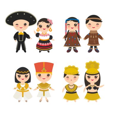 Meksika, Mısır, Hawaiian Hula Dansçı, Chukcha Yakut Eskimolar, çocuk ve kız Ulusal kostüm ve şapka. Geleneksel kıyafet çizgi film çocuk. Beyaz arka plan üzerinde izole. Vektör çizim