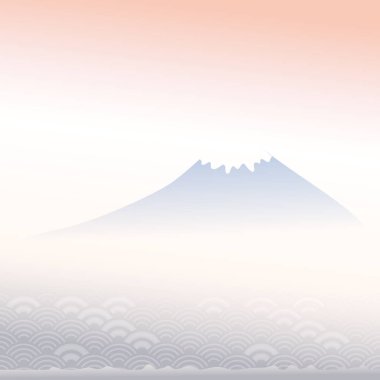Fuji Dağı, şafak, sis, dağ manzarası, mavi gri pembe renk kartı afiş tasarımı metin soyut ölçekler basit doğa arka plan için Japon daire desenli. Vektör çizim