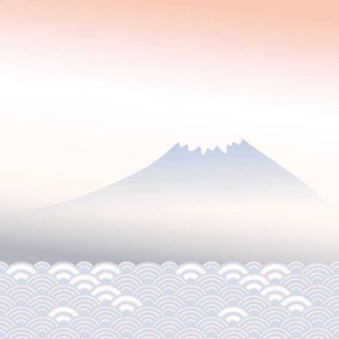 Fuji Dağı, şafak, sis, dağ manzarası, mavi gri pembe renk kartı afiş tasarımı metin soyut ölçekler basit doğa arka plan için Japon daire desenli. Vektör çizim