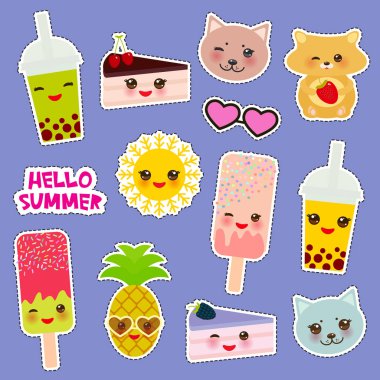 Merhaba yaz parlak tropikal moda rozetleri çıkartmaları yamalı. Afiş, Poster için uygulanabilir. Ananas, kiraz smoothie Kupası, dondurma, Güneş, kedi, pasta, hamster. Kawaii sevimli yüzü. Vektör çizim
