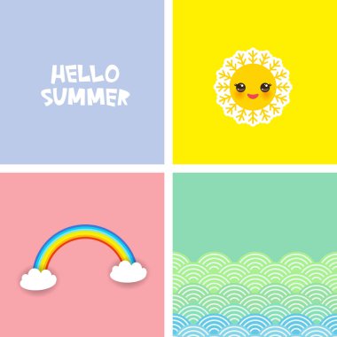 Yaz parlak tropikal kartı banner tasarımı, Kawaii sevimli yüzü Merhaba. Gökkuşağı, beyaz bulutlar, Güneş, dalgalar deniz, okyanus. Afiş, el ilanları için uygulanabilir. Vektör çizim